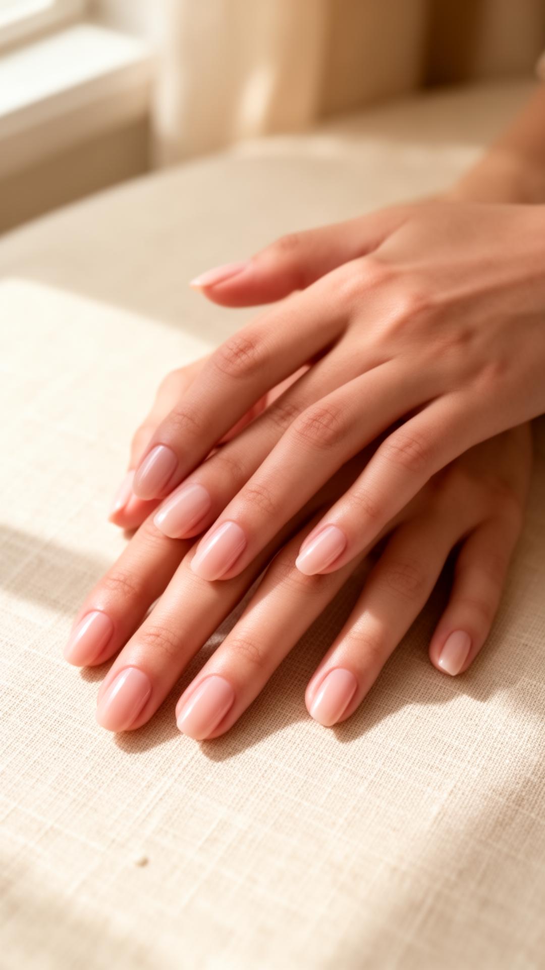 Mains aux ongles soignés posés sur du lin écru